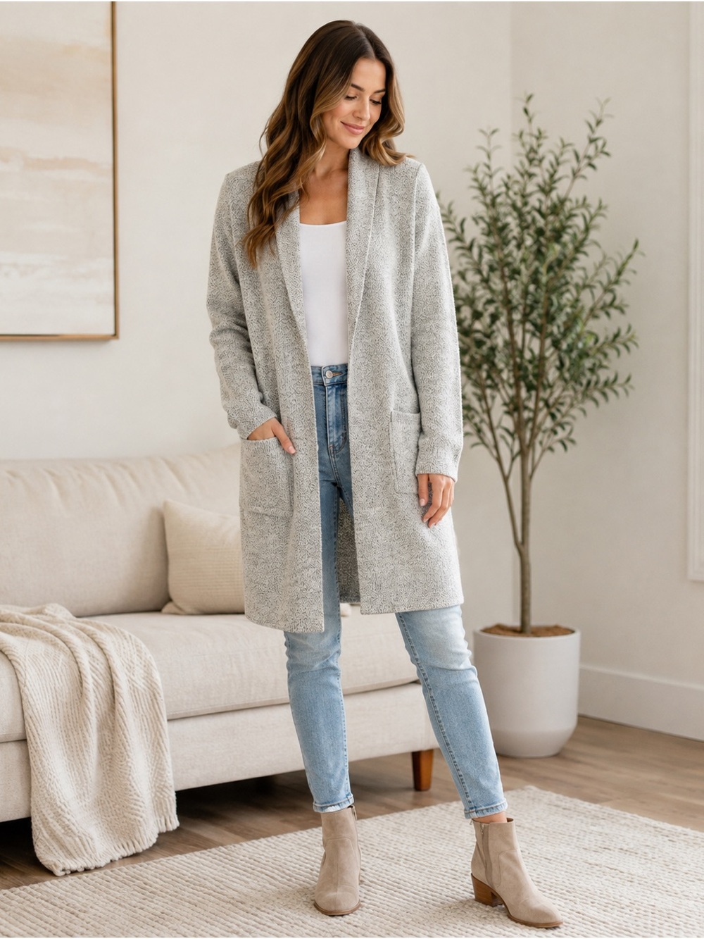 Monteau Light Gray Open-Front Women's Cardigan